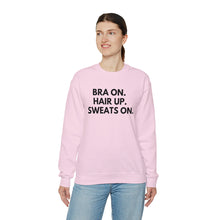 Load image into Gallery viewer, Bra on, Hair up, sweats on, bra is on Unisex Heavy Blend™ Crewneck Sweatshirt
